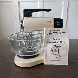 Vtg Sunbeam Deluxe Mixmaster Stand Mixer 12 Speed 2 Glass Bowls Hooks Manual
